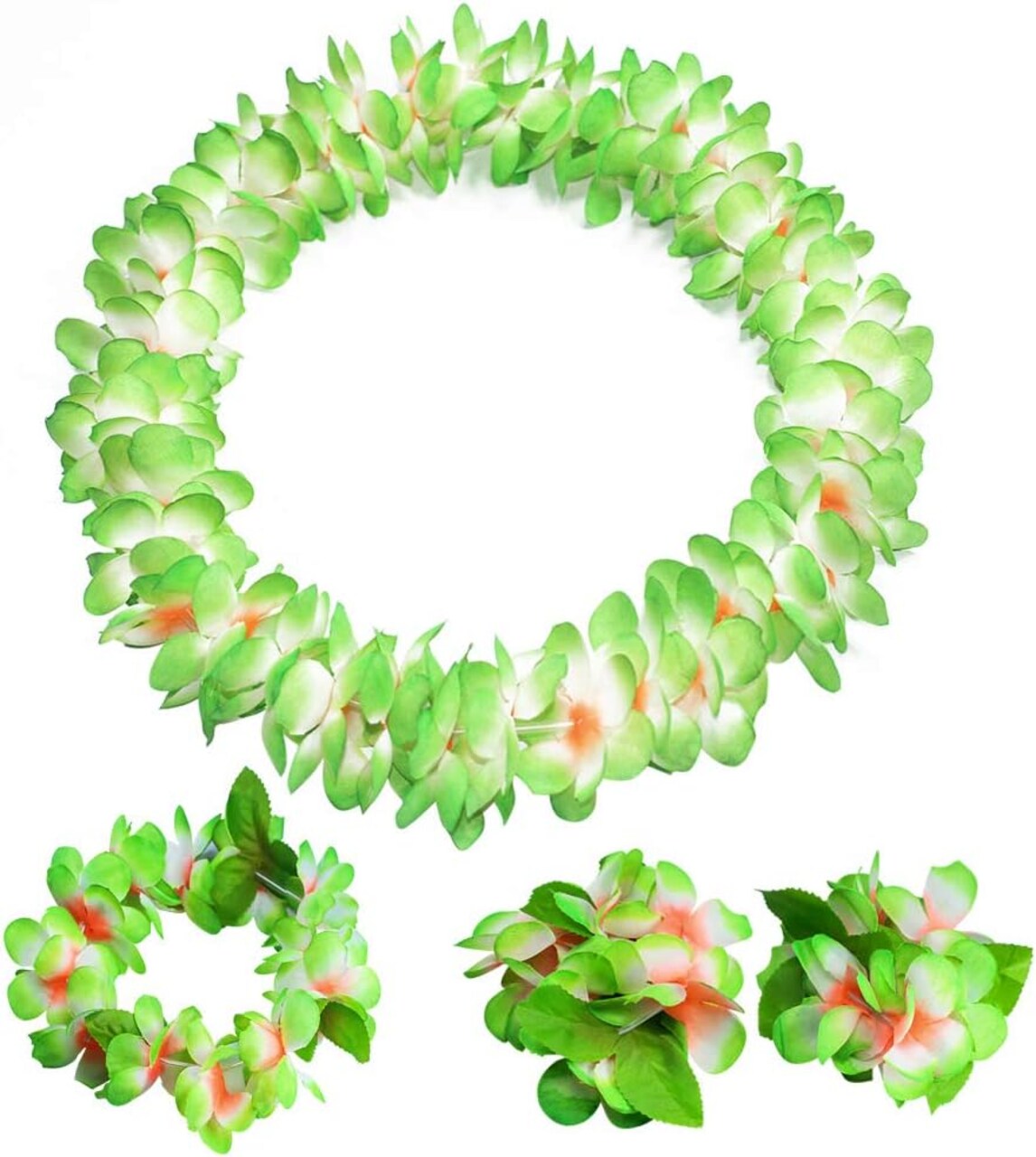Hawaiian Leis Set,Thickened Artificial Flower Luau Necklace Bracelet Headband Garland Lei Set(Green)